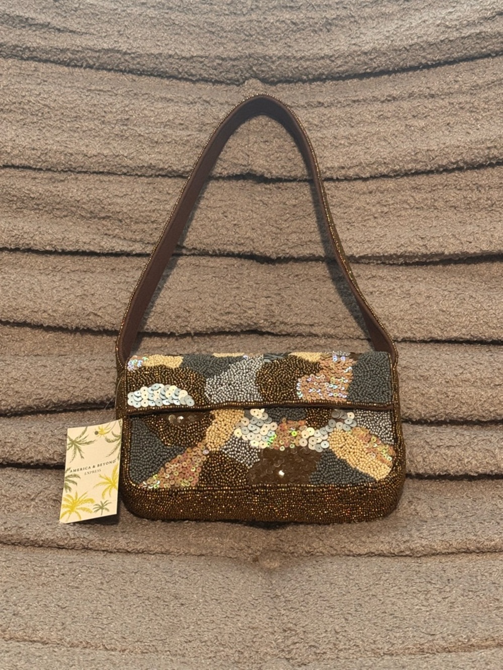 American & Beyond Beaded Sequin Shoulder Bag - Brown Multicolor